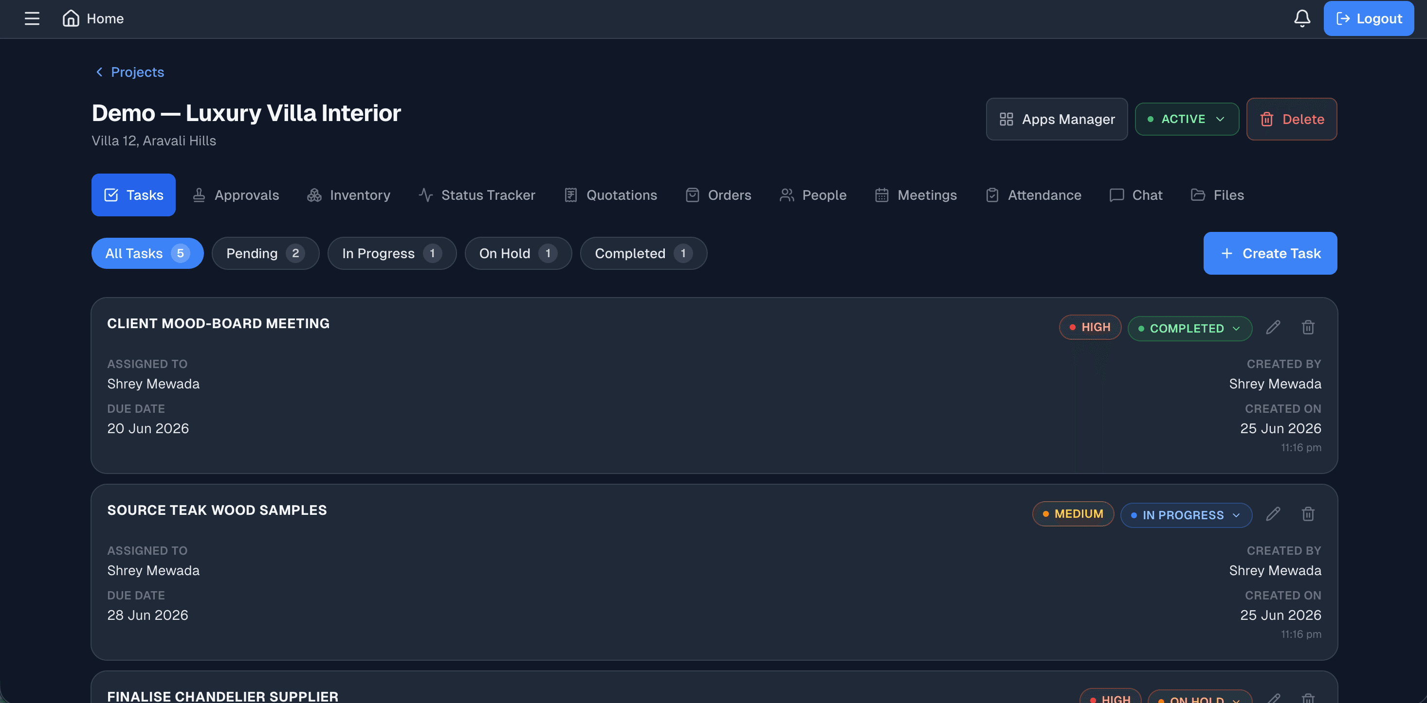M-Track desktop — project tasks board